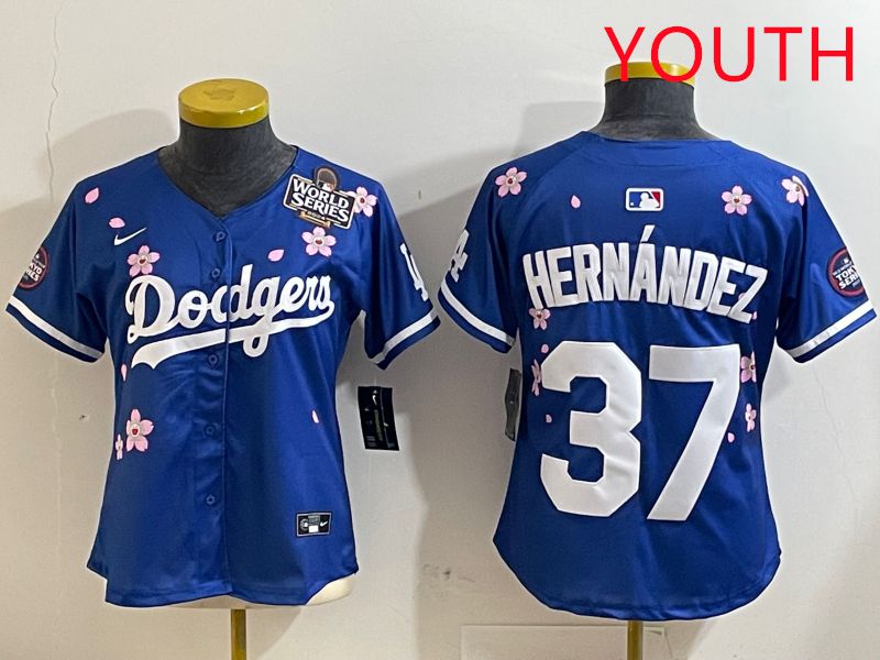 Youth Los Angeles Dodgers #37 Hernandez Blue Sakura Edition 2025 Nike MLB Jersey style 6->youth mlb jersey->Youth Jersey